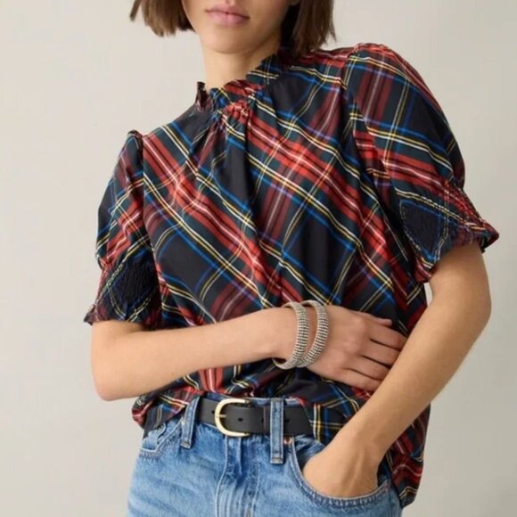 J crew Tartan Mock Puff Sleeve Poplin Sz Small Holiday - Picture 1 of 10